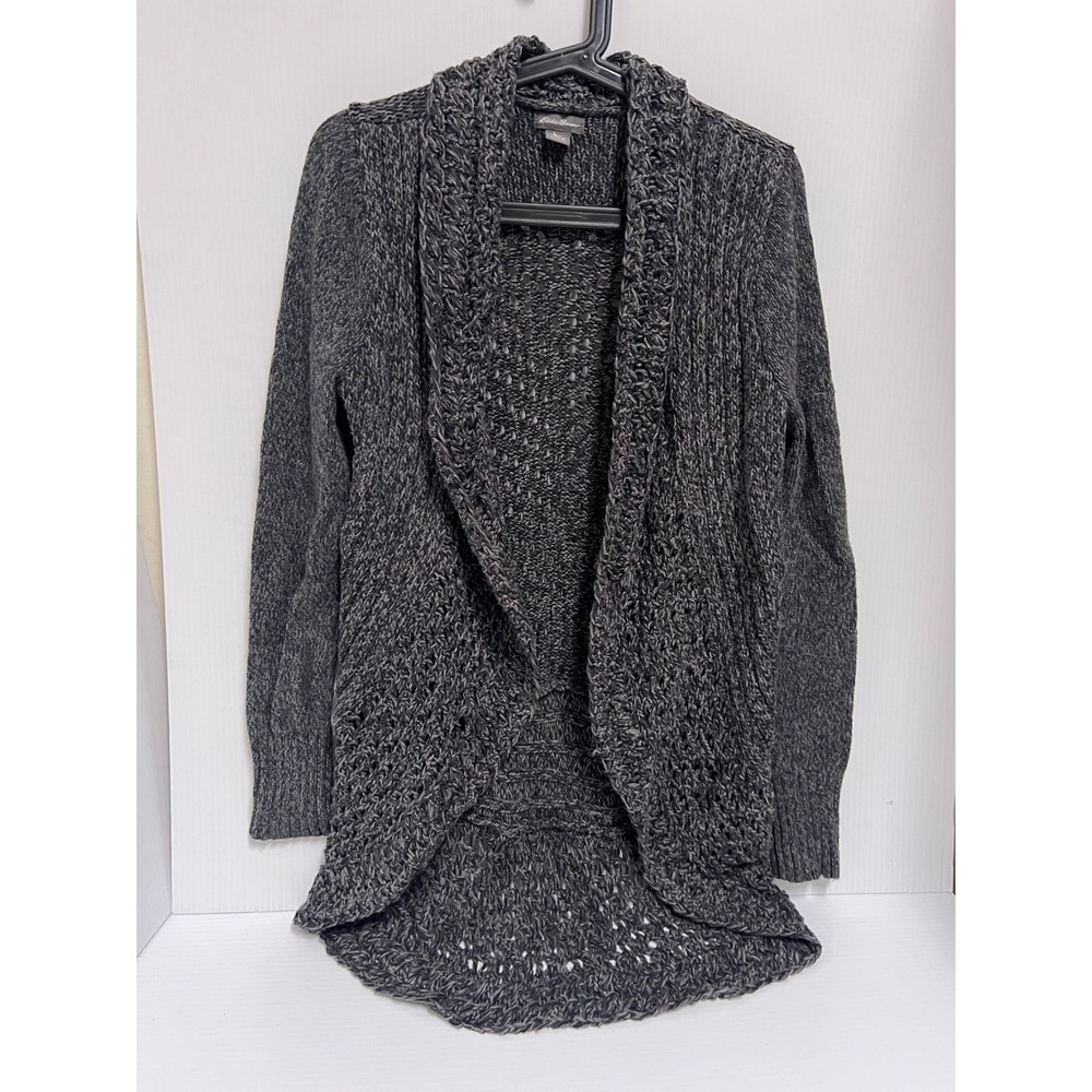 Eddie Bauer Womens M Gray Marl Open Front Cardigan Shawl Collar Pointelle Knit